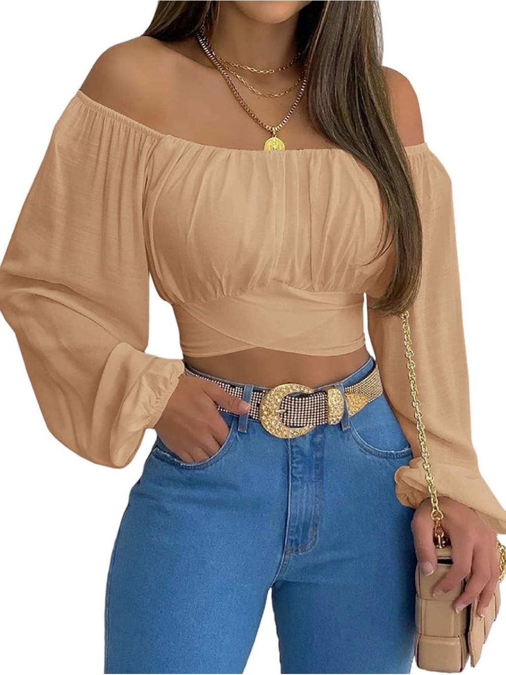 Off-Shoulder Beige Women's Crop Top
